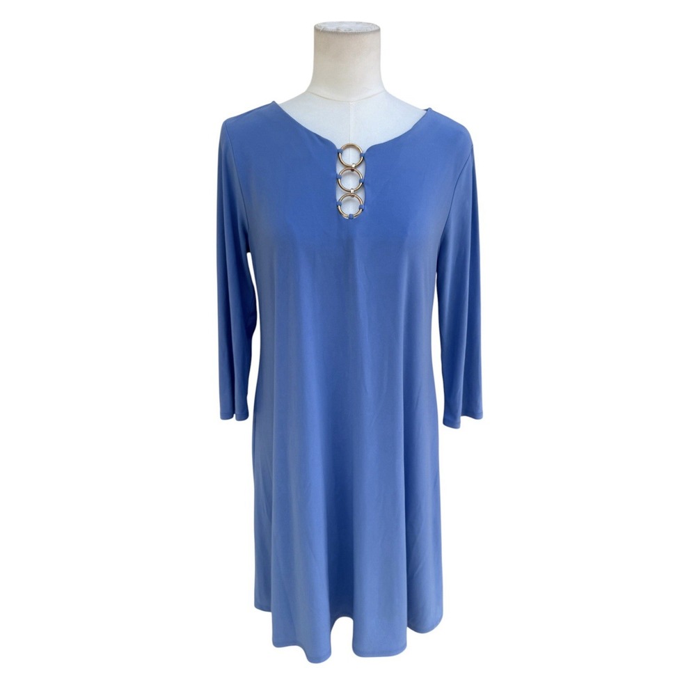 Ivy Road Blue Shift Dress Medium Gold Ring Detail 3/4 Sleeve Swing Tunic